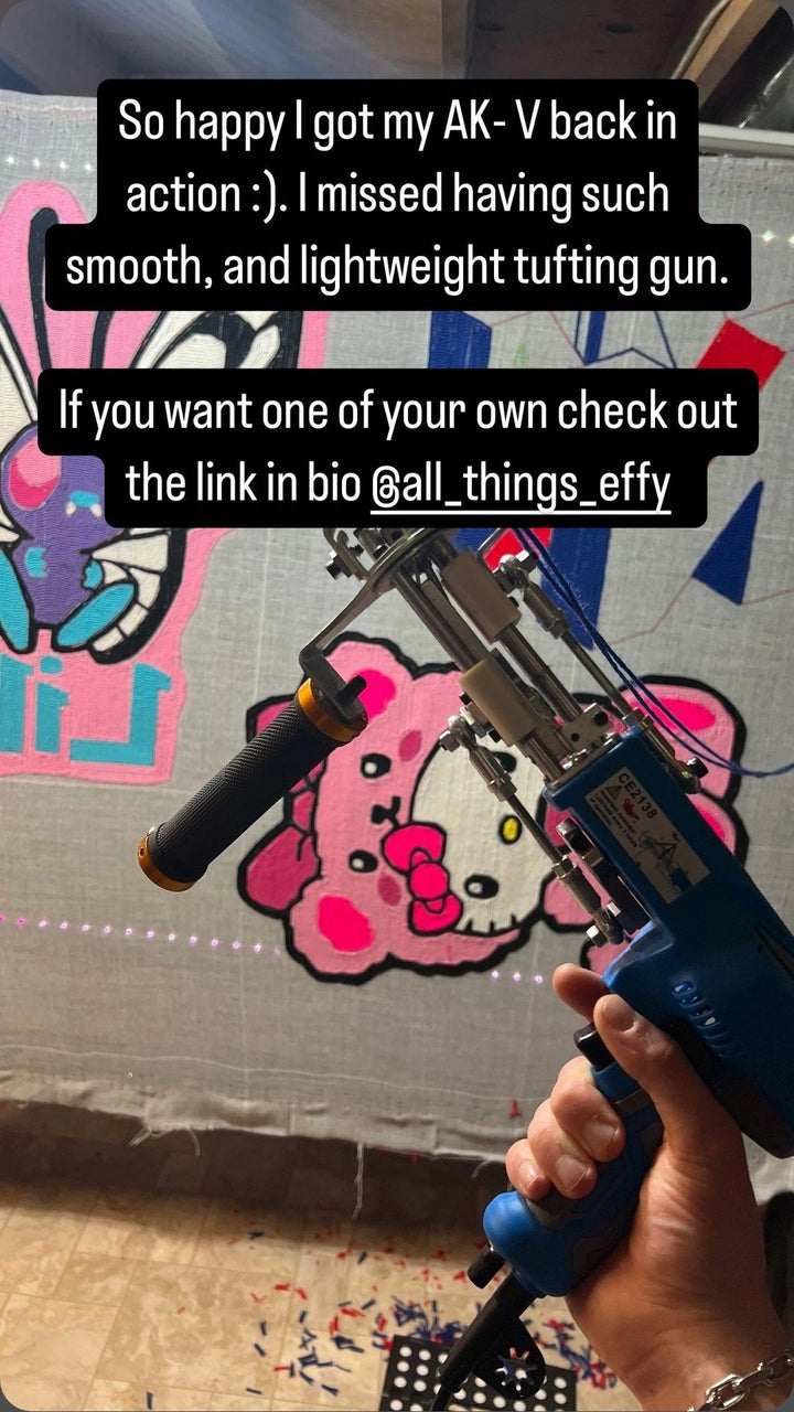 Blue AK-V in front of colourful rugs, with a message about its smooth and lightweight feel.