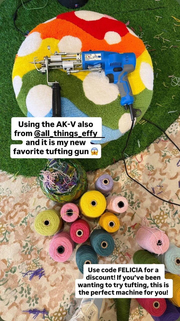 Felicia Murray’s blue AK-V on a colourful mushroom rug, surrounded by yarn cones.