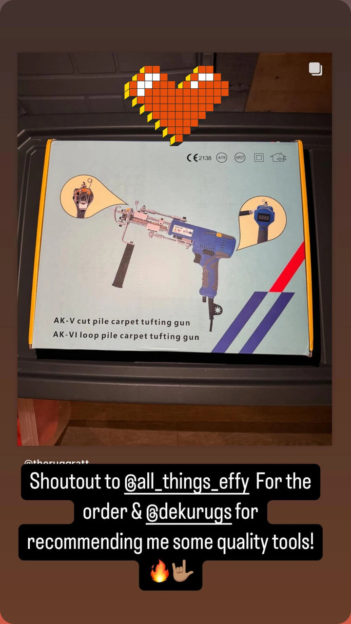 Instagram story showing a boxed blue AK-V, thanking All Things EFFY and Deku Rugs.